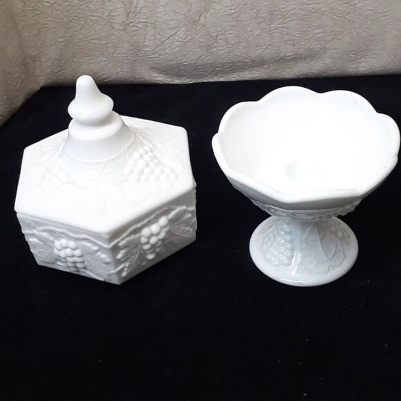 Indiana Colony Harvest Grapes milk glass candle holder and candy dish with lid - Picture 1 of 9